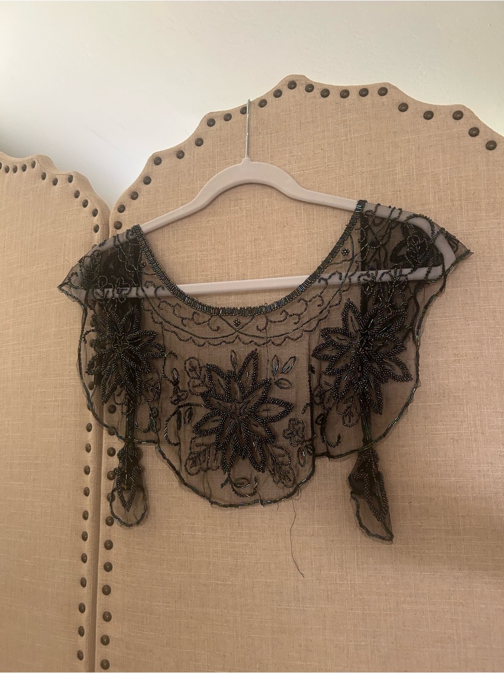 Vintage Iridescent Black Beaded Sheer Floral Scarf / Wrap / Cape Shoulder Cover
